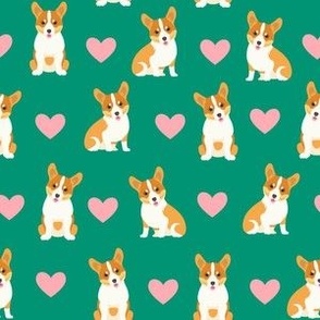 corgi and hearts on emerald green dog fabric - small