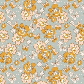 muted retro 1940 summer floral with butterfly mustard small