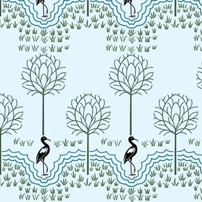 Voysey Heron with Trees on Blue