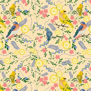 Birds with flowers in yellow and blues