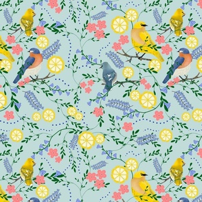 Birds and Flowers in blue