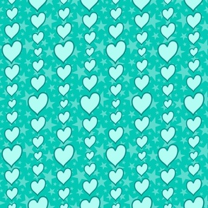 M - Aqua Hearts & Stars – Bright Aquamarine Teal Green Valentines Love Heart Stripe