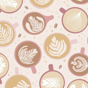 Coffee Shop latte art | Large Scale | Soft pink, coffee brown, tan | coffee beans