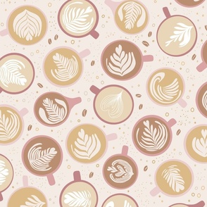 Coffee Shop latte art | Medium Scale | Soft pink, coffee brown, tan | coffee beans