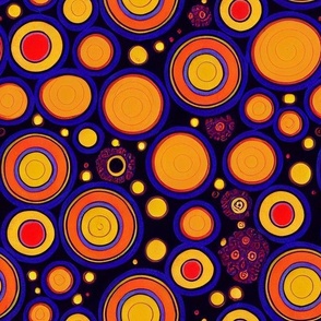 psychedelic polka dots in orange, royal blue and red