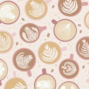 Coffee Shop latte art | Small Scale | Soft pink, coffee brown, tan | coffee beans