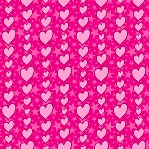 M - Pink Hearts & Stars – Bright Fuchsia Magenta Valentines Love Heart Stripe