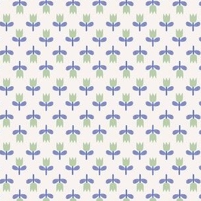 Simple light green and blue tulip flower on white - up and down floral with little hearts - extra extra small