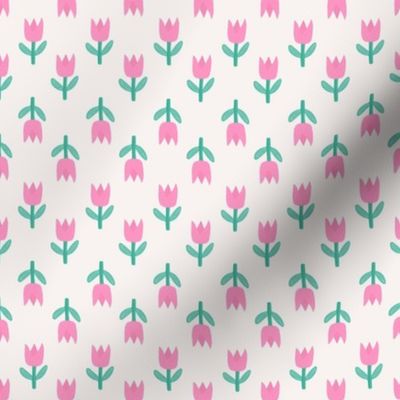 Simple pink and green tulip flower on white - up and down floral - extra small