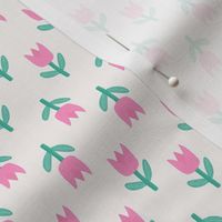 Simple pink and green tulip flower on white - up and down floral - extra small