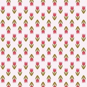 Simple shades of pink and olive green tulip flower on off white - up and down floral - extra extra small