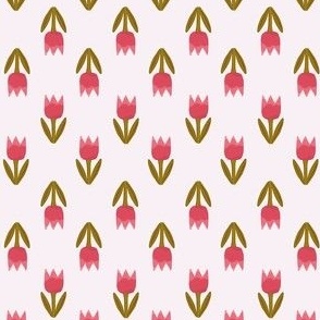 Simple shades of pink and olive green tulip flower on white - up and down floral - extra small