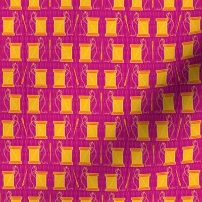 S – Sewing Thread Spools – Pink Yellow & Orange – Retro quilting room needle and thread