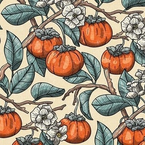 Art Nouveau, Persimmons in Bloom, Botanical View / Neutral Colors Version / Small Scale