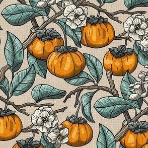 Art Nouveau, Persimmons in Bloom, Botanical View  / Muted Colors Version / Small Scale