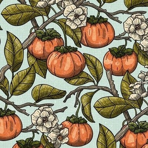 Art Nouveau, Persimmons in Bloom, Botanical View  / Blue Version / Small Scale