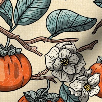 Art Nouveau Wallpaper, Persimmons in Bloom, Botanical View  / Neutral Colors Version/ Dinning Room Wallpaper / Large Scale 