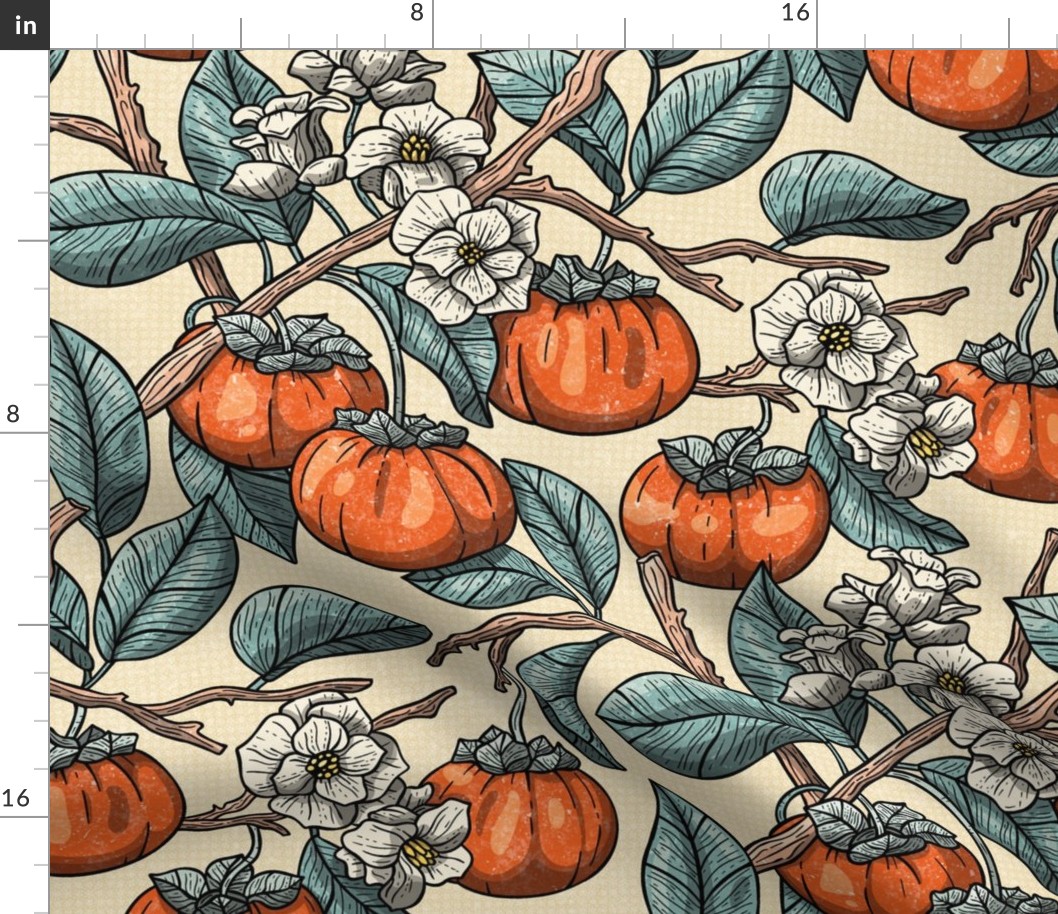 Art Nouveau Wallpaper, Persimmons in Bloom, Botanical View  / Neutral Colors Version/ Dinning Room Wallpaper / Large Scale 