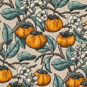 Art Nouveau Wallpaper, Persimmons in Bloom, Botanical View / Muted Colors Version / Large Scale