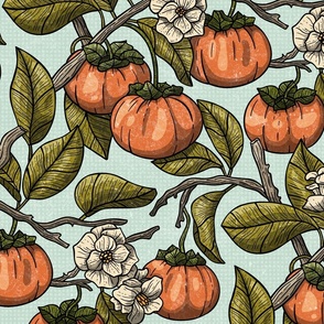 Art Nouveau Wallpaper, Persimmons in Bloom, Botanical View / Blue Version / Large Scale