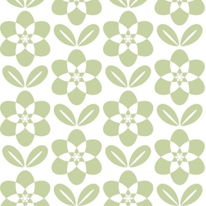 Geometric Daisies- Geometric Scandi Floral - Pastel Green on White- HEX C6D2A2- Monochromatic Mid Mod Floral- 70s Flowers-  Medium
