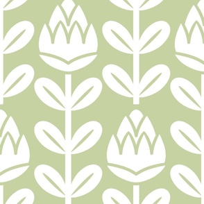 Geometric Tulips- Geometric Floral - White on Pastel Green- HEX C6D2A2- Vertical Stripes- Extra Large