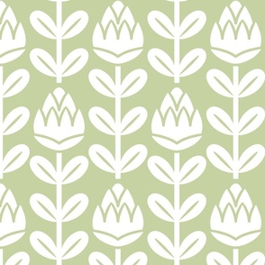 Geometric Tulips- Geometric Floral - White on Pastel Green- HEX C6D2A2- Vertical Stripes- Large