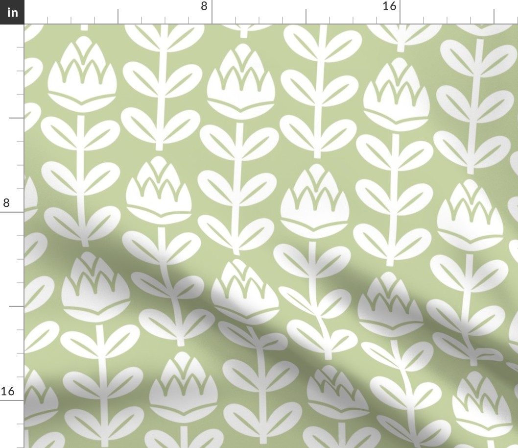 Geometric Tulips- Geometric Floral - White on Pastel Green- HEX C6D2A2- Vertical Stripes- Medium