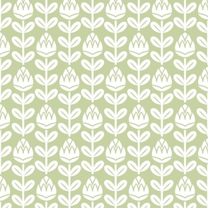 Geometric Tulips- Geometric Floral - White on Pastel Green- HEX C6D2A2- Vertical Stripes- Small