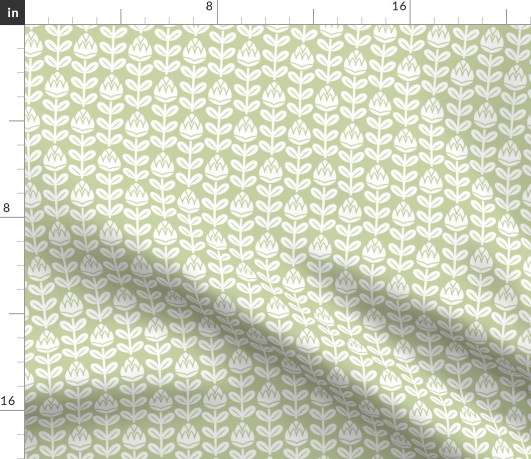 Geometric Tulips- Geometric Floral - White on Pastel Green- HEX C6D2A2- Vertical Stripes- sMini
