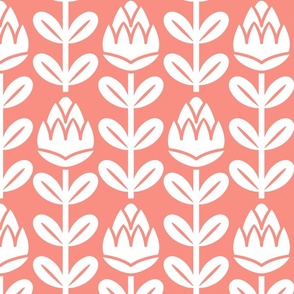 Geometric Tulips- Geometric Floral - Withe on Coral Flaming- Vertical Stripes- Large
