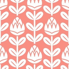 Geometric Tulips- Geometric Floral - Withe on Coral Flaming- Vertical Stripes- Small