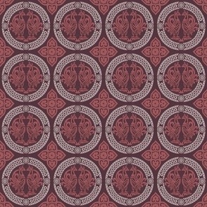 doll scale medieval birds in roundels, cranberry red