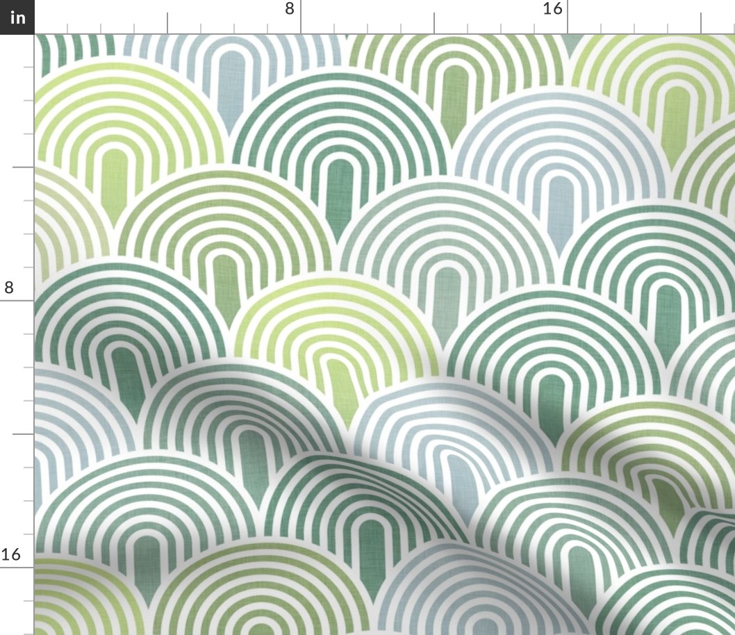 Green Hills- Pastel Green Spring Arches- Green Rainbows- Gender Neutral Wallpaper- Green Scallops- Large