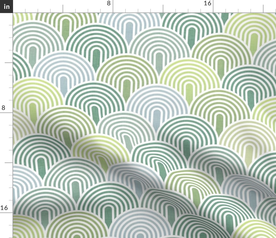 Green Hills- Pastel Green Spring Arches- Green Rainbows- Gender Neutral Wallpaper- Green Scallops- Medium