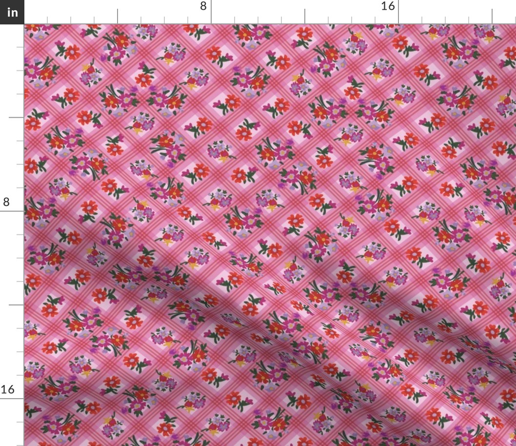 Rertro Cottagecore Picnic Plaid Chintz in Pink + Red