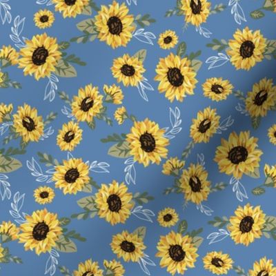 Medium Size Yellow Sunflower on Denim Blue Background