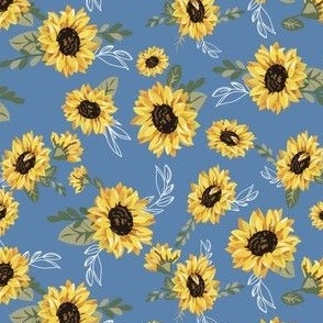 Medium Size Yellow Sunflower on Denim Blue Background