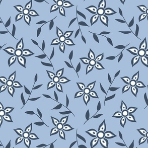 Flowers in White and Navy Blue on a Light Blue Background (Medium Scale)