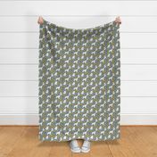 small print Great Pyrenees Dogs Yellow Sunflowers with blue denim background floral dog fabric