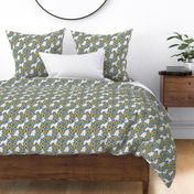 small print Great Pyrenees Dogs Yellow Sunflowers with blue denim background floral dog fabric