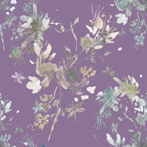 Amethyst Purple Watercolor Floral, Simple Trellis, Brush stroke flowers, Lilac Purple, Verdigris, Large