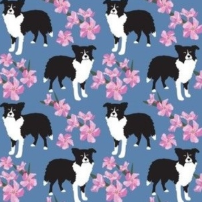 Border Colllie Pink Flowers  blue denim dog floral fabric
