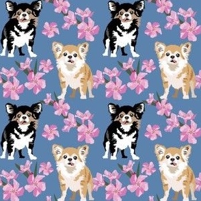 Chihuahua Dog Puppy Pink Oleander Flowers  blue denim floral dog fabric