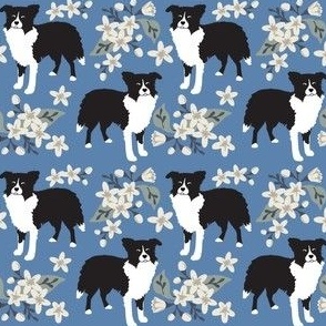 small print // Border Collie Floral Denim Blue White flowers dog fabric small print