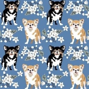 small print // Chihauhau dog puppy Floral Denim small white flowers dog fabric