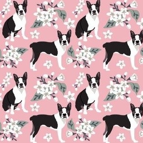 small print // Boston Terrier Dog Puppy Floral  Small white flowers pink dog fabric