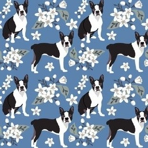 small print // Boston Terrier Dog Floral Denim small print white flower dog fabric 