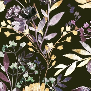 Moody Boho Floral - mauve purple and gold, very large 
