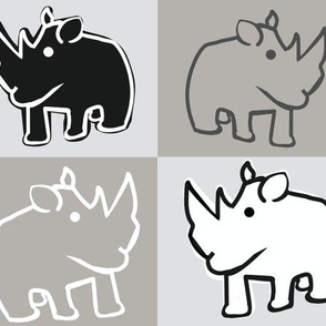 Rhinos -  Rhino on Black Monochrome Check - Africa Animal Patchwork - Large